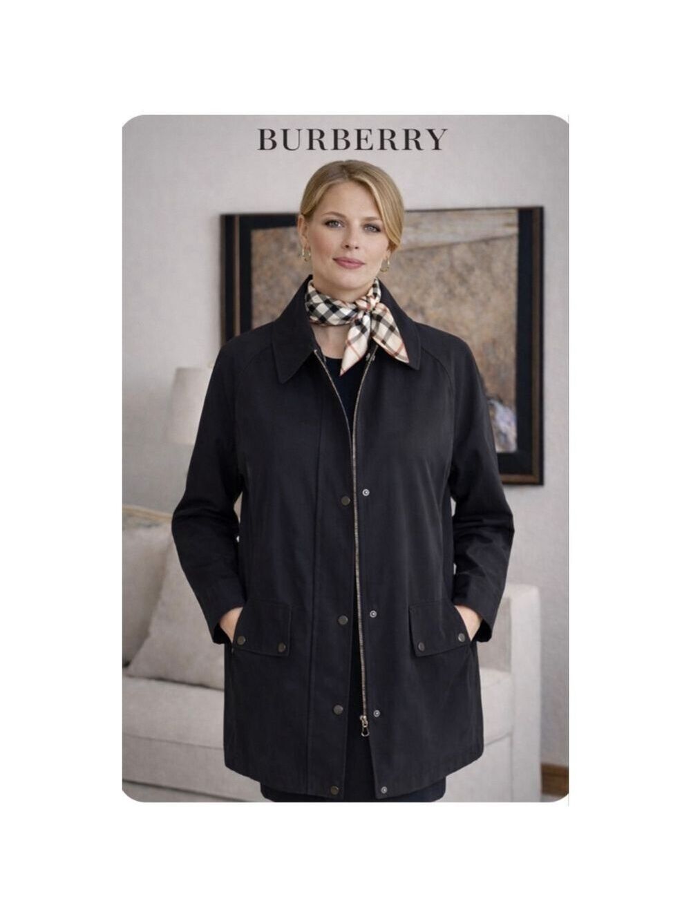 Women's Burberry Black Trench Coat S with Beige Plaid Lining